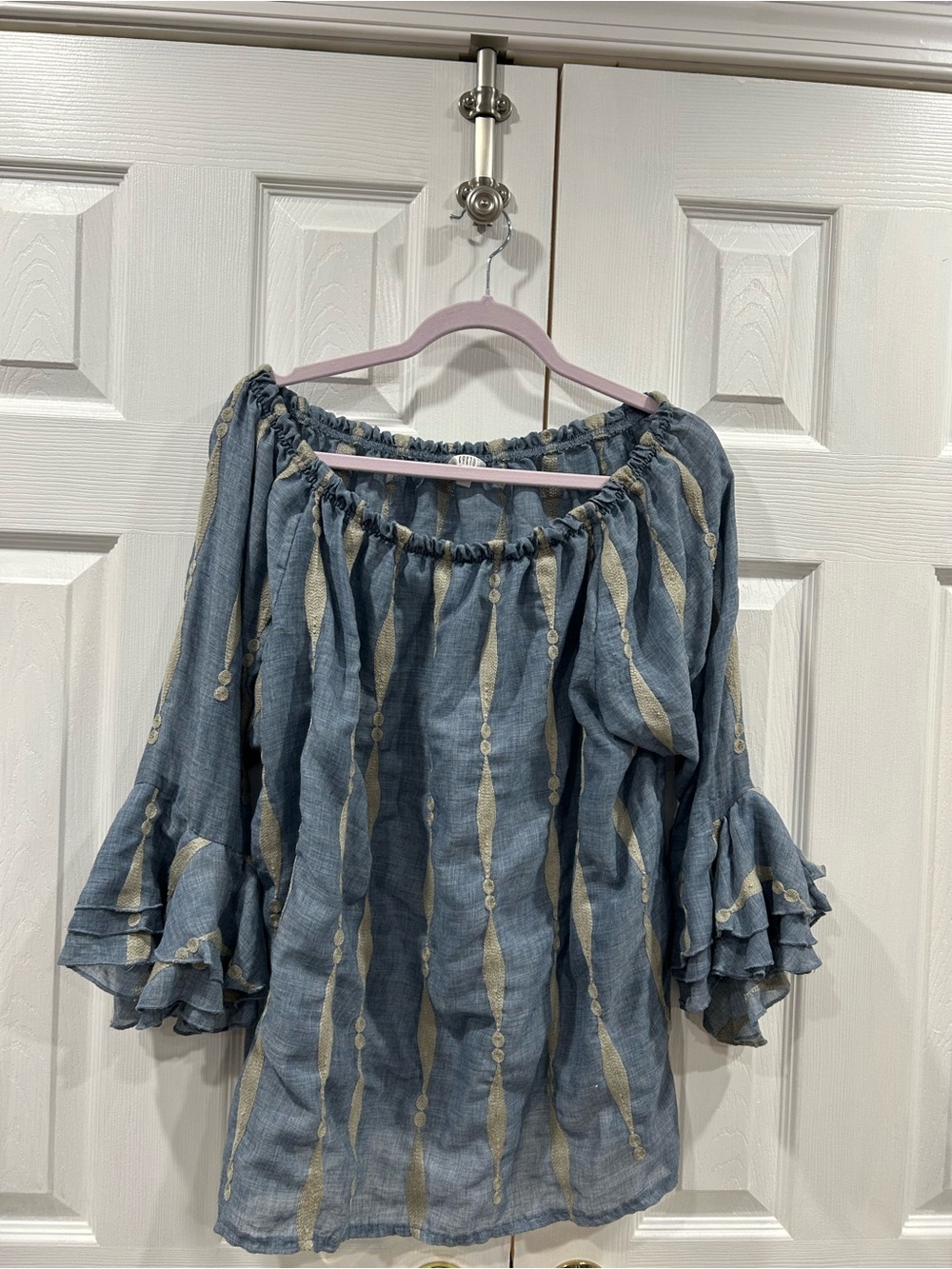 Kaktus Blue Off-Shoulder Blouse with Cream Embroidery